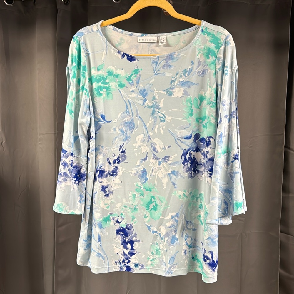 Susan Graver Blue Green Open Sleeve Top
